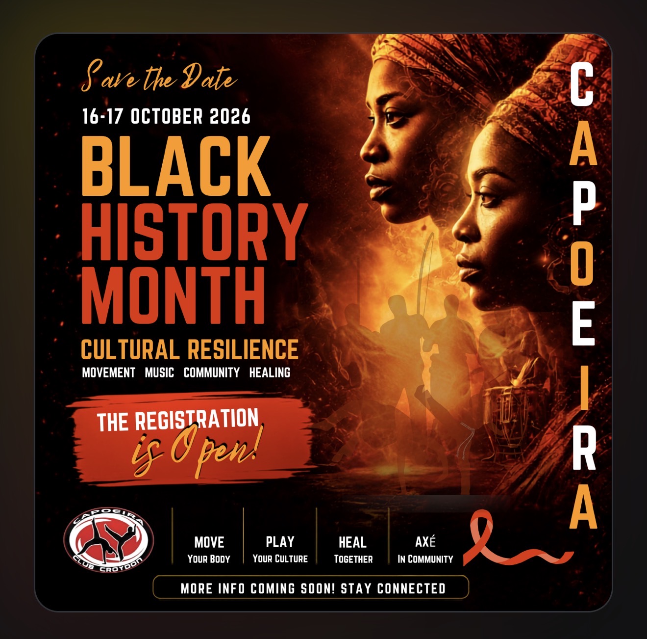 Black History Month — Capoeira Weekend Programme, 16–17 October 2026 poster